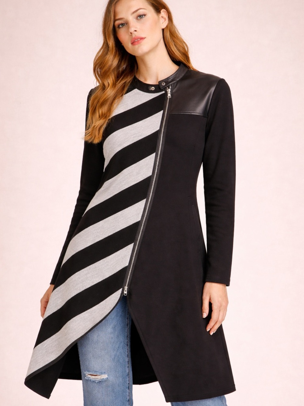 METAMORPHOZA  Black Trench dress coat  with Gray Stripe Panel - Picture 2 of 16